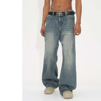 2023 Новые поступления, мужские потертые джинсовые брюки, застиранные свободные широкие брюки в стиле ретро, простые Универсальные