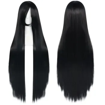38-дюймовый синтетический сверхдлинный шелковистый прямой черный парик для косплея с челкой на Хэллоуин и 1 шт. Шапочка для парика