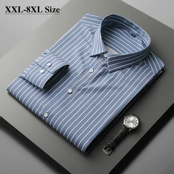 5XL 6XL 7XL 8XL Мужская рубашка в полоску большого размера с длинным рукавом из сетчатых дышащих эластичных тканей, деловая повседневная рубашка, мужская одежда