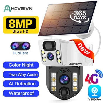 AHCVBIVN 4K 8MP 4G Двухобъективная PTZ Солнечная Камера Открытый Двойной Экран AI Отслеживание Человека Безопасность WIFI IP Камера Наблюдения V380 PRO