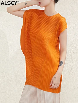 ALSEY Miyake, плиссированная однотонная футболка с круглым вырезом неправильной формы для женщин, летние Новые повседневные модные тонкие топы без рукавов в корейском стиле