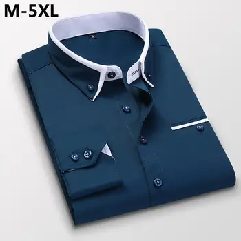M-5XL Модные Новые Весенне-осенние мужские рубашки, однотонная повседневная деловая мужская рубашка, приталенная блузка, мужская одежда, мужские топы