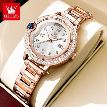 OLEVS 5588 Новые женские часы люксового бренда из розового золота и нержавеющей стали, водонепроницаемые светящиеся женские кварцевые наручные часы с бриллиантами, подарки