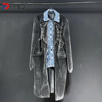 PFHQ Вельветовый лоскутный джинсовый длинный тренч, изношенный осенью, Высококачественные мужские куртки, цепные мотоциклетные ветровки 21F1723