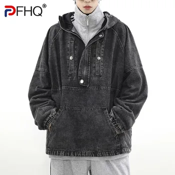 PFHQ, мужские джинсовые пуловеры с капюшоном, выстиранные в американском стиле, топы, уличный дизайн, мотоциклетный износостойкий свитер на молнии, осень 21Z3596