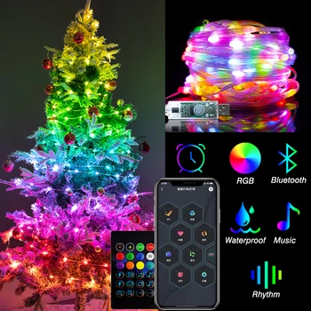 RGB IC Рождественский Умный Сказочный Свет Bluetooth APP Control LED Струнный Свет Музыкальный Ритм Водонепроницаемый 2023 Xmas Light Party Новый Год