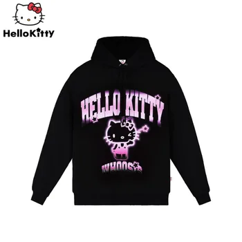 Sanrio Hello Kitty Хлопковая трендовая толстовка с милым принтом, мужская толстовка в стиле хип-хоп, Свободная пара, капюшон, мода 90-х, черная толстовка, женский топ в стиле харадзюку