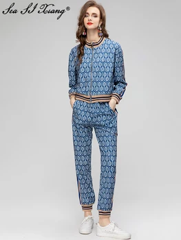 Seasixiang Модный осенний костюм, женский воротник-стойка, куртка с длинным рукавом + карман, брюки-карандаш с эластичной резинкой на талии, Повседневный комплект из 2 предметов