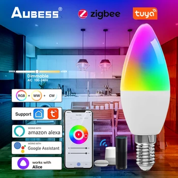 Tuya ZigBee E14 Умные Лампочки RGBCW С Регулируемой Яркостью Светодиодная Лампа-Свеча Smart Life Control Работает с Alexa Google ZigBee Gateway
