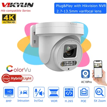 Vikylin Hikvision Совместимая 8-Мегапиксельная PTZ IP-камера ColorVu с 5-кратным Зумом, 2-полосное Аудио, слот для SD-карты, Сетевая Камера видеонаблюдения, Приложение Remote