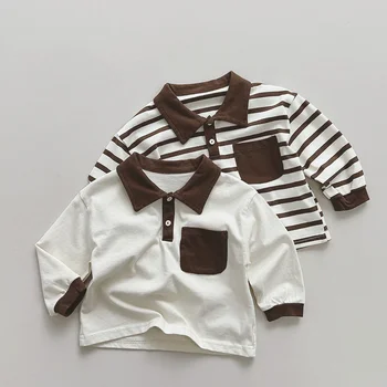 Весенние детские футболки 2024 года контрастного цвета с отложным воротником, топы с длинными рукавами Для мальчиков и девочек, хлопковый пуловер