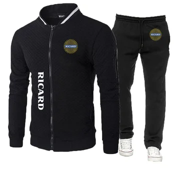 Весна-осень 2023, мужская одежда Ricard в полоску с логотипом, круглый вырез, Удобная куртка на молнии + спортивные брюки, Однотонные облегающие комплекты