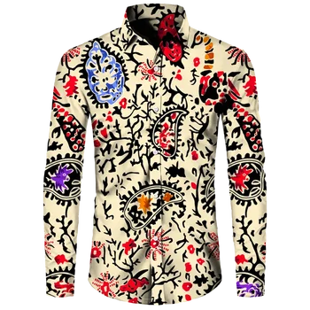 Винтажная гавайская рубашка с принтом Пейсли, мужские топы с цветочным отворотом и длинным рукавом, повседневная мужская одежда в стиле хип-хоп для вечеринок и выпускного вечера, удобная