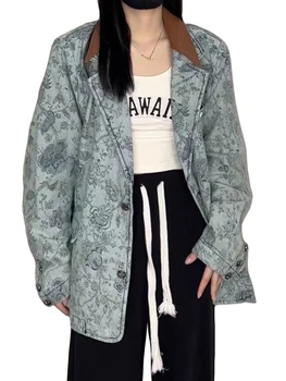 Винтажное джинсовое женское пальто на пуговицах, свободный джинсовый блейзер, куртка, женская уличная одежда, повседневная женская куртка 2023, Весна-осень