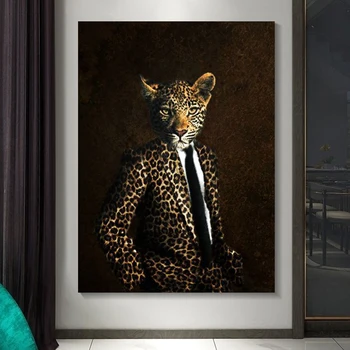 Винтажное животное с головой леопарда, джентльмен, картина на холсте, картины и принты, плакаты для гостиной, настенное искусство, украшение дома