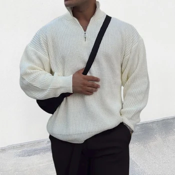 Винтажный мужской повседневный свитер на молнии с высоким воротом Осень и зима, однотонный мужской свитер-пуловер с воротником-стойкой, одежда
