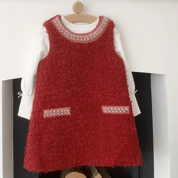 Высококачественное платье-жилетка для маленьких девочек, осенне-зимние детские платья с бусинами для ногтей, одежда для девочек, детские платья на Рождество