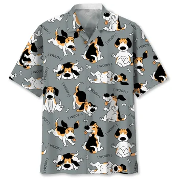 Гавайская мужская рубашка с короткими рукавами и принтом милого щенка, новинка 2024, повседневный топ с лацканами, модная мужская рубашка размера плюс, рубашка