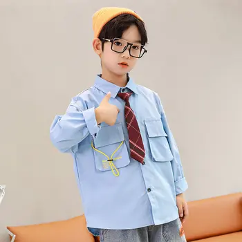 Горячая распродажа Детских рубашек в модном английском стиле с галстуком, 100% хлопок, рубашки в школьной форме с длинными рукавами для мальчиков, одежда