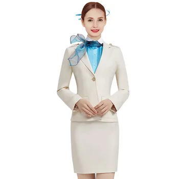 Горячая распродажа, Униформа стюардессы Южнокорейской женской авиакомпании, Юбка, Короткая рубашка с длинным рукавом, Безопасная рабочая одежда синего цвета