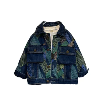Детская одежда 2023, Осенняя новая детская куртка для мальчиков, цветной кардиган в стиле пэчворк с карманом и лацканами, джинсовое пальто