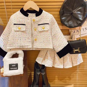 Детский комплект, новое осенне-зимнее пальто для девочек, короткая юбка в складку, 2023, из двух предметов, Утолщенный круглый воротник, плиссированный