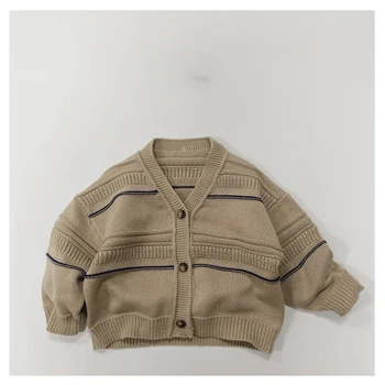 Детский свитер, кардиган в корейском стиле, осенняя одежда для мальчиков и девочек в модную полоску, свитер с толстой иглой, вязаная куртка