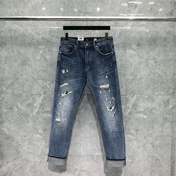 Джинсы с потертостями, мужские Роскошные выстиранные синие джинсы в стиле Ретро высшего качества, модные повседневные Прямые Мужские джинсовые брюки из чистого хлопка