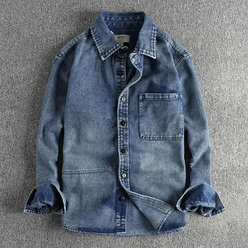 Дизайн в стиле пэчворк, стираемый, чтобы сделать старую хлопчатобумажную джинсовую рубашку для мужчин, молодежное пальто в стиле ретро цвета хаки
