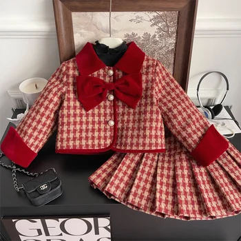 Дизайнерский зимний комплект одежды для маленьких девочек, хлопчатобумажное пальто с подкладкой + юбки, детский костюм из 2 предметов, roupas menina 2-9, conjunto roupa de menina
