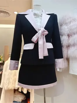 Женская модная лоскутная стеганая куртка с бантом контрастного цвета, блейзер с юбкой, комплекты осенне-зимней новой элегантной женской одежды Y4820