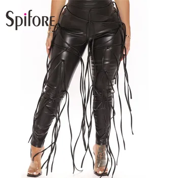 Женские брюки Spifore нового дизайна с кисточками, Шикарные облегающие кожаные брюки из искусственной кожи с высокой талией, черные модные уличные брюки для вечеринок и клубов