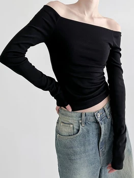 Женские однотонные короткие футболки с вырезом лодочкой и длинным рукавом, рубашки с открытыми плечами, облегающие топы