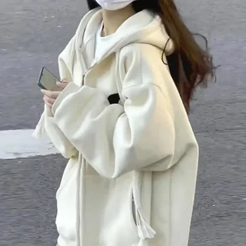 Женские толстовки в стиле харадзюку, новинка 2023 года, Осенне-зимний Корейский кардиган с капюшоном на молнии, пальто, Женские свитшоты