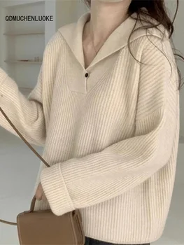 Женский свитер 2023 года, новинка в корейском стиле, осенне-зимняя мода, воротник поло, топ с длинными рукавами, однотонная свободная одежда, пуловеры
