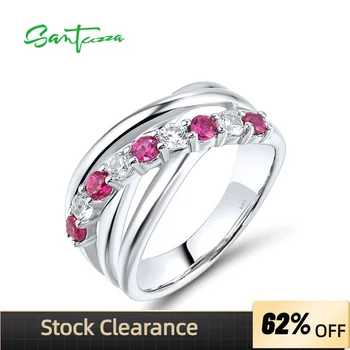 Женское кольцо из аутентичного серебра SANTUZZA 925 пробы, сверкающий Созданный рубин, Белый сапфир, годовщина свадьбы, Изящные ювелирные украшения