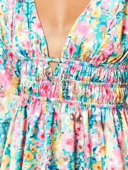 Женское мини-платье трапециевидной формы с цветочным принтом, туника с длинным рукавом и V-образным вырезом, платье с завязками на талии, без спинки, пляжная одежда для вечеринок