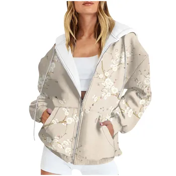 Женское модное повседневное пальто с длинным рукавом и цветочным принтом, свитер с капюшоном на молнии, осенне-зимнее новое утепленное пальто Camisetas