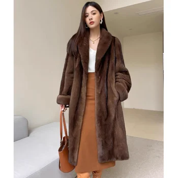 Женское пальто из искусственного меха с отворотом в стиле ретро, повседневное свободное теплое зимнее длинное пальто
