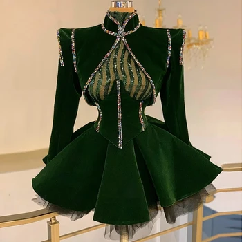 Женское темно-зеленое Очаровательное бархатное платье трапециевидной формы, расшитое бисером, с коротким рукавом и кристаллами, вечернее платье для официальной вечеринки на заказ