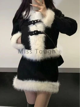 Зима Франция, Черный Винтажный Элегантный комплект из 2 предметов, женский праздничный костюм в Корейском стиле, Тонкое теплое пальто с длинным рукавом + Повседневная шикарная юбка 2024
