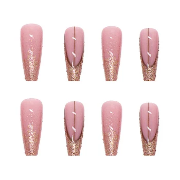 Золотые и розовые Длинные ногти Балерины, удобные на ощупь, как натуральные ногти для женщин и девочек, Декор для ногтей SAL99