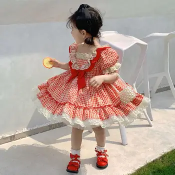 Испанское винтажное клетчатое бальное платье в стиле Лолиты с кружевным бантом, сшитое по дизайну на День рождения, платья принцессы для девочек, Пасха Ид A1460