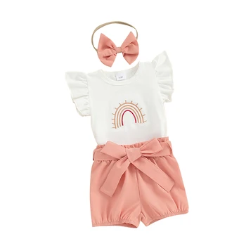 Комплект шорт для маленьких девочек, радужный комбинезон с вышивкой на рукавах, шорты с поясом и летняя одежда с лентой для волос