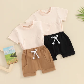Комплекты одежды для маленьких мальчиков от 0 до 3 лет, Летние детские однотонные футболки с круглым вырезом и карманами + шорты, повседневные спортивные костюмы для малышей, костюм
