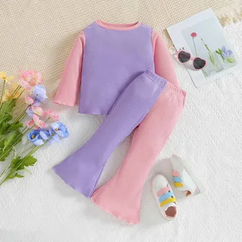 Комплекты Одежды для малышей и маленьких девочек, хлопковые топы в рубчик с длинными рукавами в стиле пэчворк, расклешенные комплекты из двух предметов, одежда от 1 до 5 лет