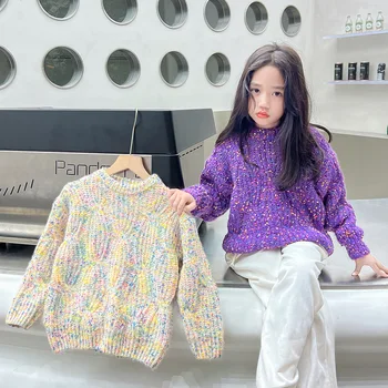 Корейская детская одежда, свитера для девочек, мода для маленьких девочек, зима 2023, детский цветной трикотаж, плотная одежда, свитер для девочек