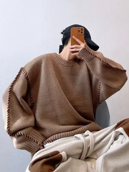 Корейский мужской вязаный винтажный свободный тяжелый однотонный свитер ручной работы, пуловер, универсальная осенне-зимняя куртка для пары.