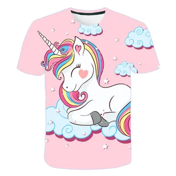 Летняя детская футболка с розовым единорогом 3D, одежда для подростков, детские футболки с популярными принтами из мультфильмов и аниме, одежда для девочек, футболки-топы