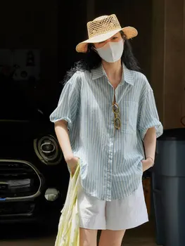 Летняя женская повседневная рубашка Поло в полоску с коротким рукавом и карманом, свободная рубашка